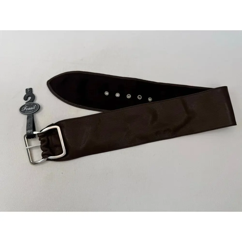 Fossil Wide Brown Leather Belt Size Small NWT Silver Tone Buckle 33” Boho